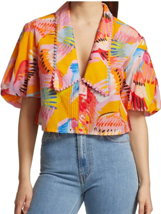 FARM Rio Tops - Farm Rio Neon Macaws Collar Puff-Sleeve Blouse